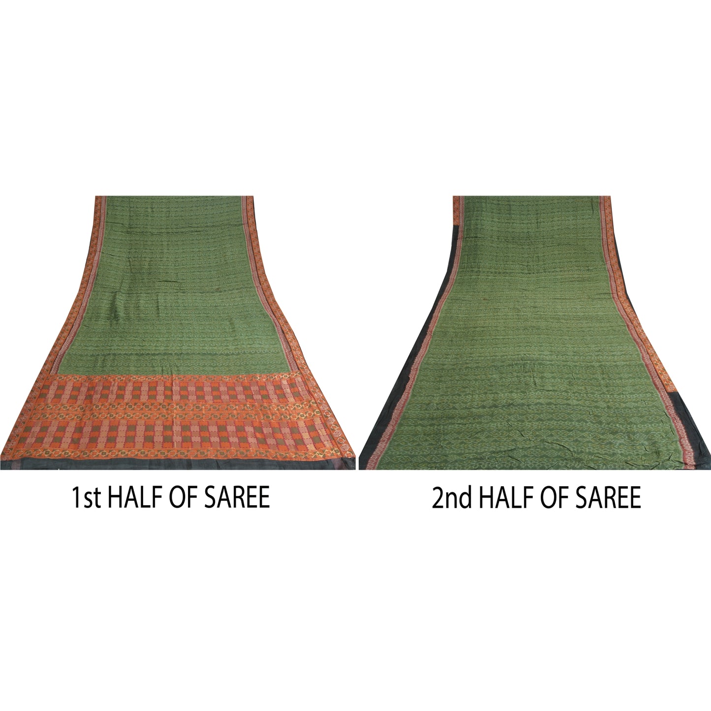 Sanskriti Vintage Saree Green HandWoven Ikat/Patch Pure Cotton Sari Craft Sustainable Fabric