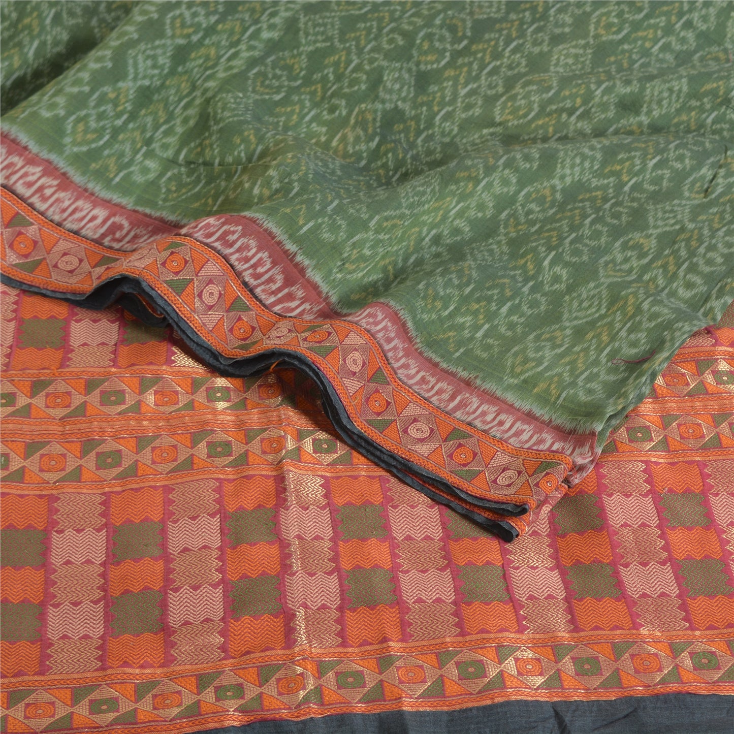 Sanskriti Vintage Saree Green HandWoven Ikat/Patch Pure Cotton Sari Craft Sustainable Fabric
