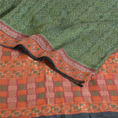 Sanskriti Vintage Saree Green HandWoven Ikat/Patch Pure Cotton Sari Craft Sustainable Fabric