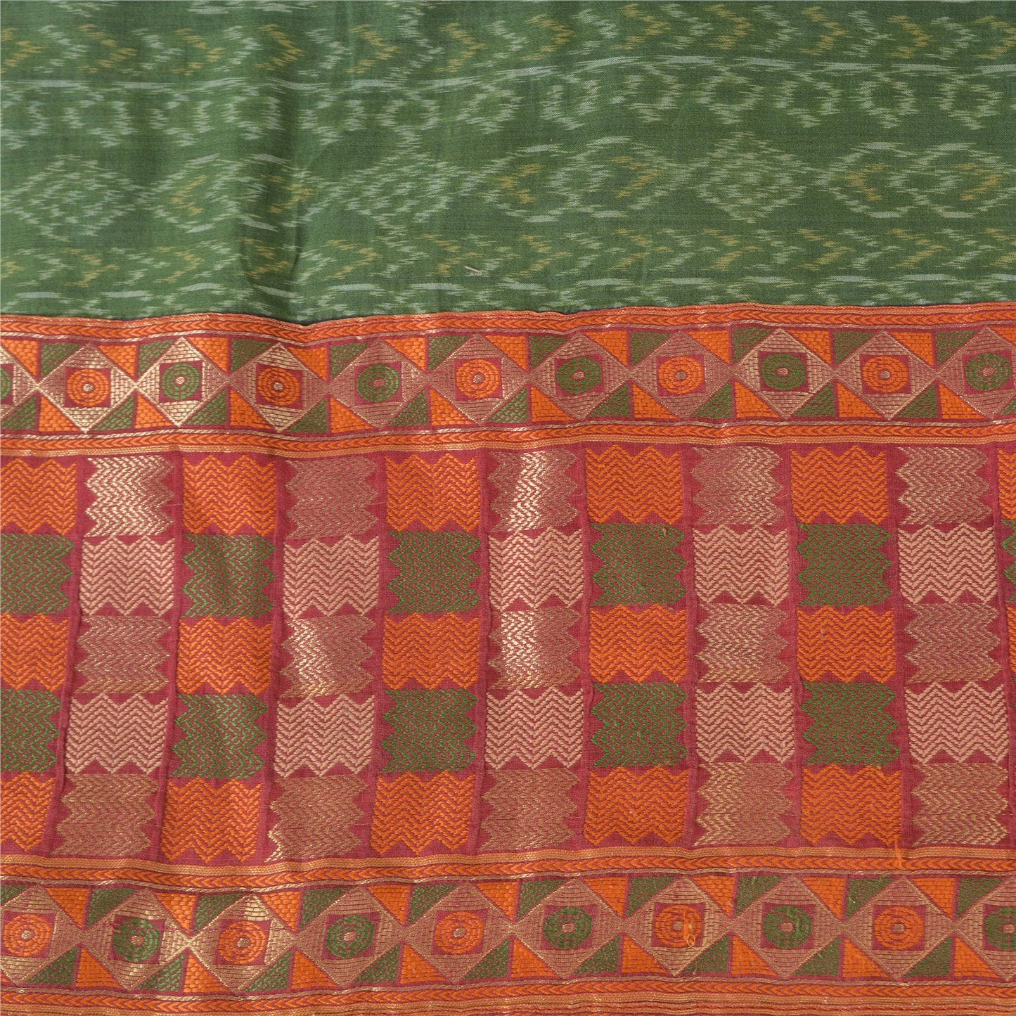 Sanskriti Vintage Saree Green HandWoven Ikat/Patch Pure Cotton Sari Craft Sustainable Fabric