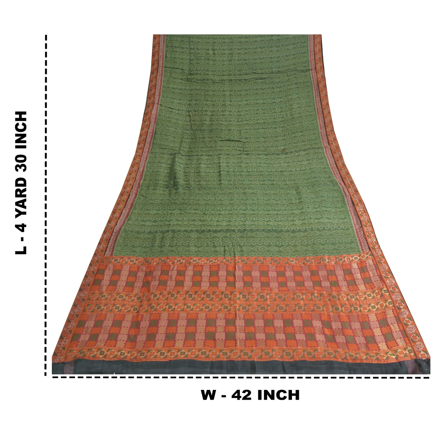 Sanskriti Vintage Saree Green HandWoven Ikat/Patch Pure Cotton Sari Craft Sustainable Fabric