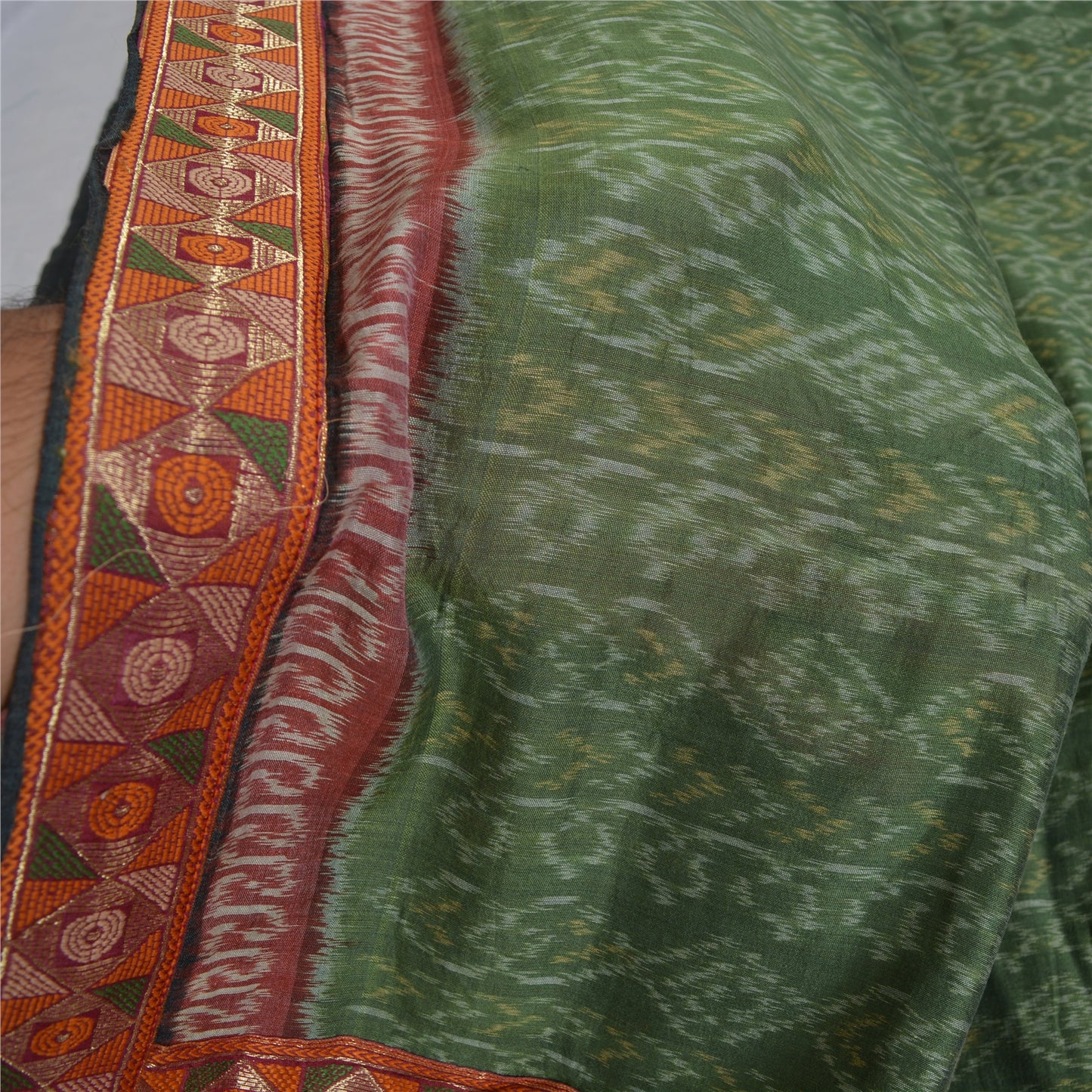 Sanskriti Vintage Saree Green HandWoven Ikat/Patch Pure Cotton Sari Craft Sustainable Fabric