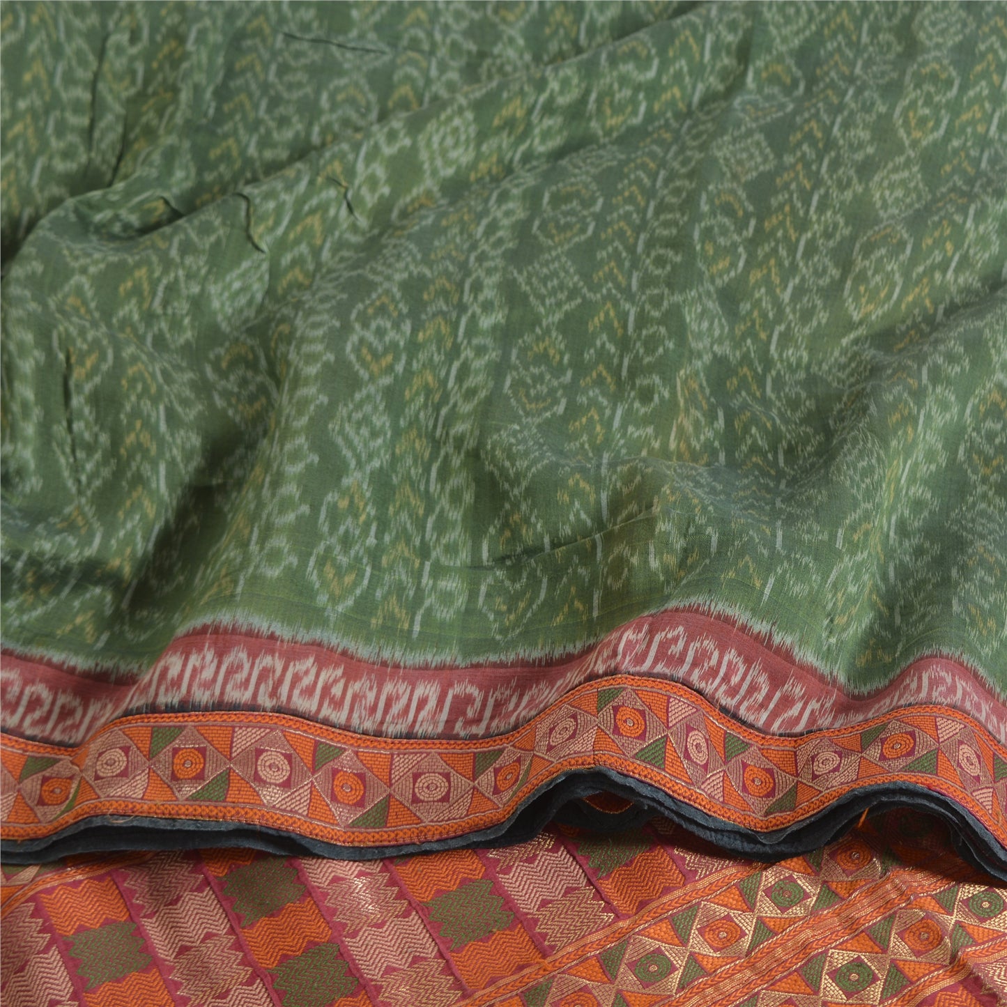 Sanskriti Vintage Saree Green HandWoven Ikat/Patch Pure Cotton Sari Craft Sustainable Fabric