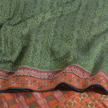 Sanskriti Vintage Saree Green HandWoven Ikat/Patch Pure Cotton Sari Craft Sustainable Fabric