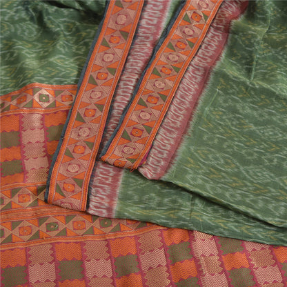 Sanskriti Vintage Saree Green HandWoven Ikat/Patch Pure Cotton Sari Craft Sustainable Fabric