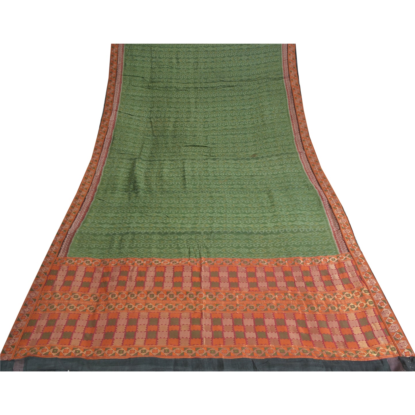 Sanskriti Vintage Saree Green HandWoven Ikat/Patch Pure Cotton Sari Craft Sustainable Fabric