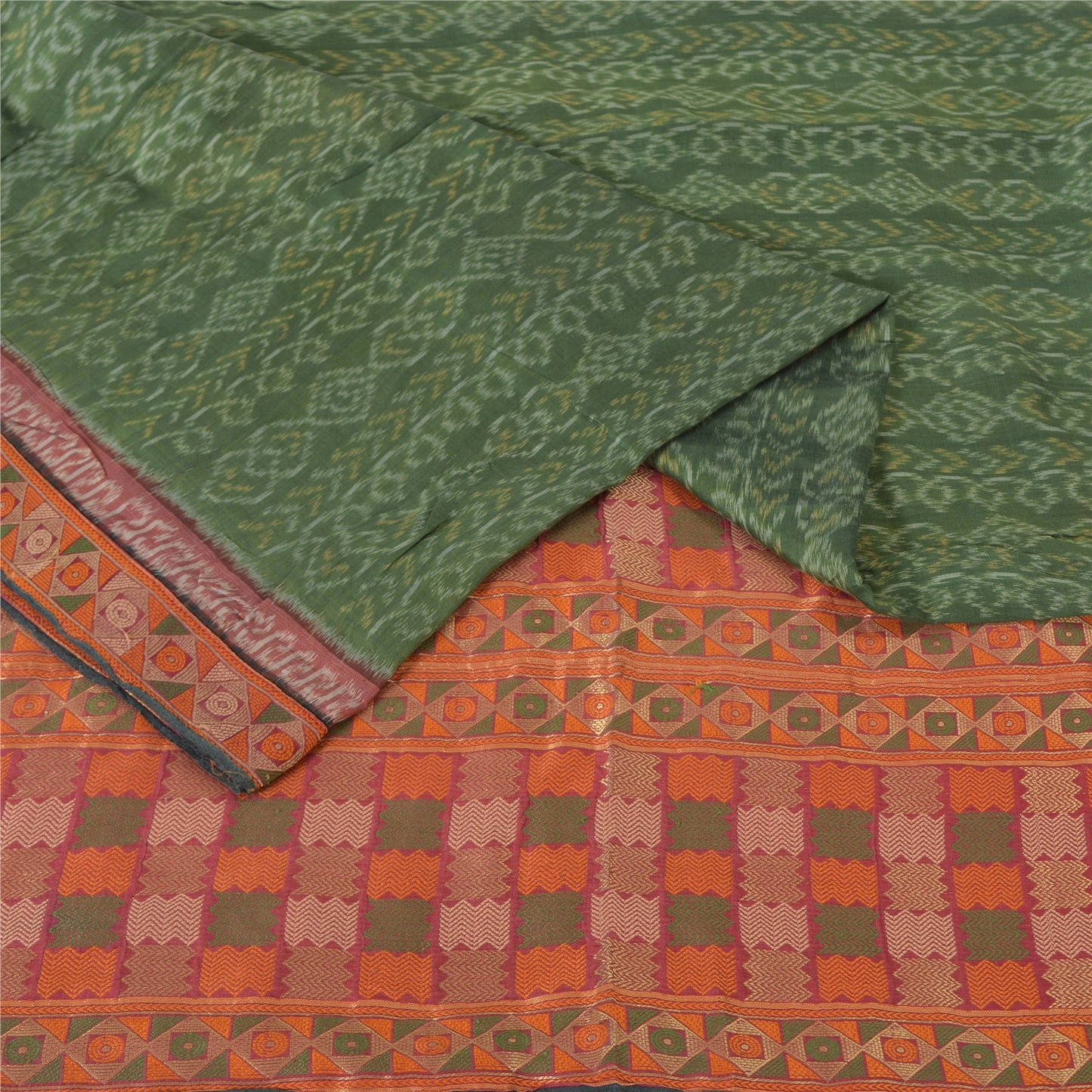 Sanskriti Vintage Saree Green HandWoven Ikat/Patch Pure Cotton Sari Craft Sustainable Fabric