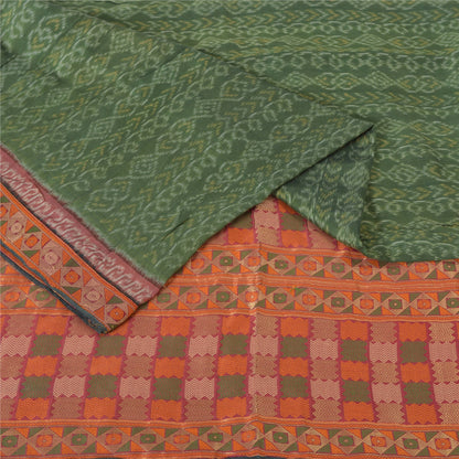 Sanskriti Vintage Saree Green HandWoven Ikat/Patch Pure Cotton Sari Craft Sustainable Fabric