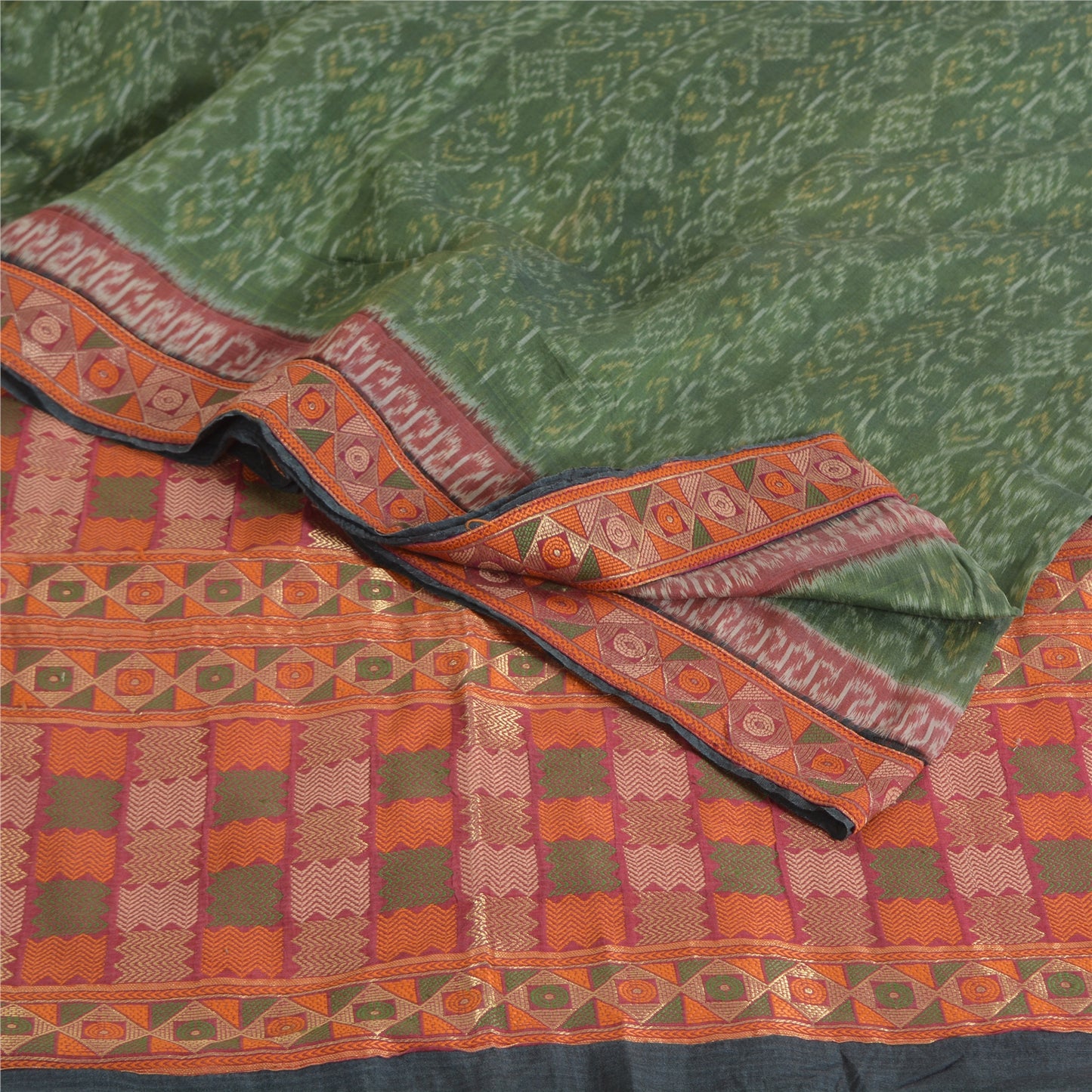 Sanskriti Vintage Saree Green HandWoven Ikat/Patch Pure Cotton Sari Craft Sustainable Fabric