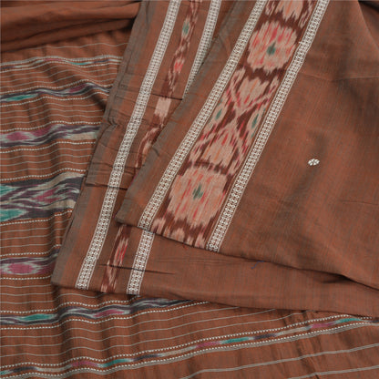 Sanskriti Vintage Saree Brown Odisha Hand Woven Ikat Blend Silk Sari 5yd Sustainable Fabric