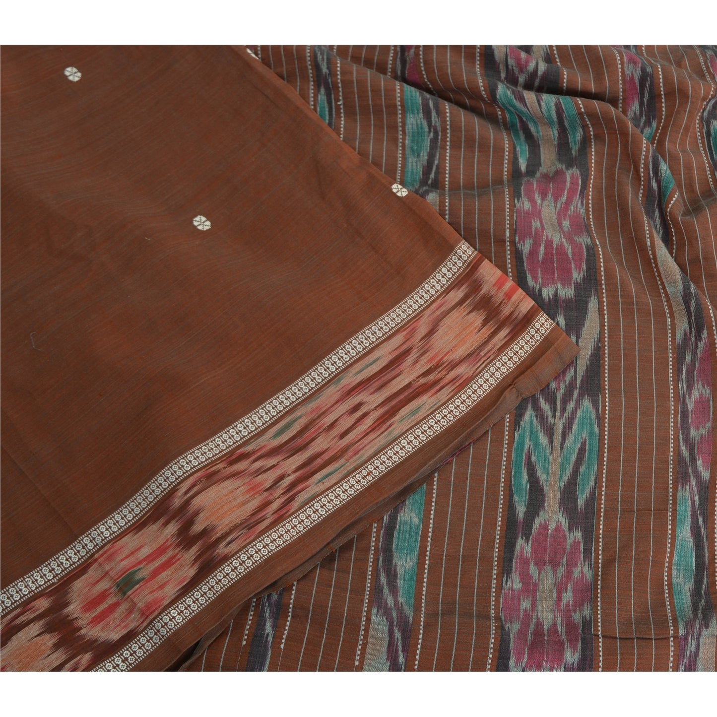 Sanskriti Vintage Saree Brown Odisha Hand Woven Ikat Blend Silk Sari 5yd Sustainable Fabric