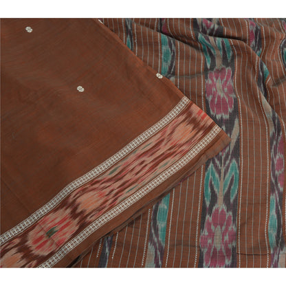 Sanskriti Vintage Saree Brown Odisha Hand Woven Ikat Blend Silk Sari 5yd Sustainable Fabric