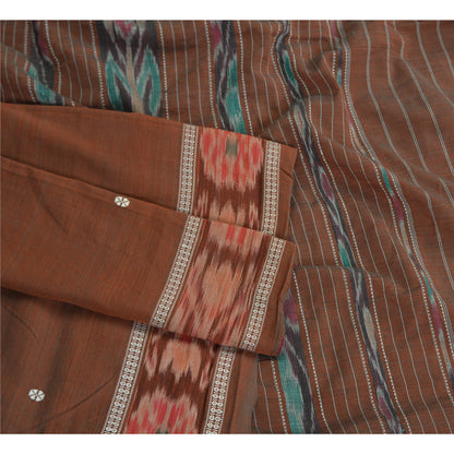 Sanskriti Vintage Saree Brown Odisha Hand Woven Ikat Blend Silk Sari 5yd Sustainable Fabric