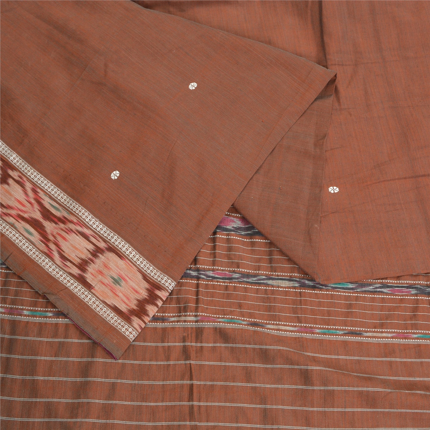 Sanskriti Vintage Saree Brown Odisha Hand Woven Ikat Blend Silk Sari 5yd Sustainable Fabric