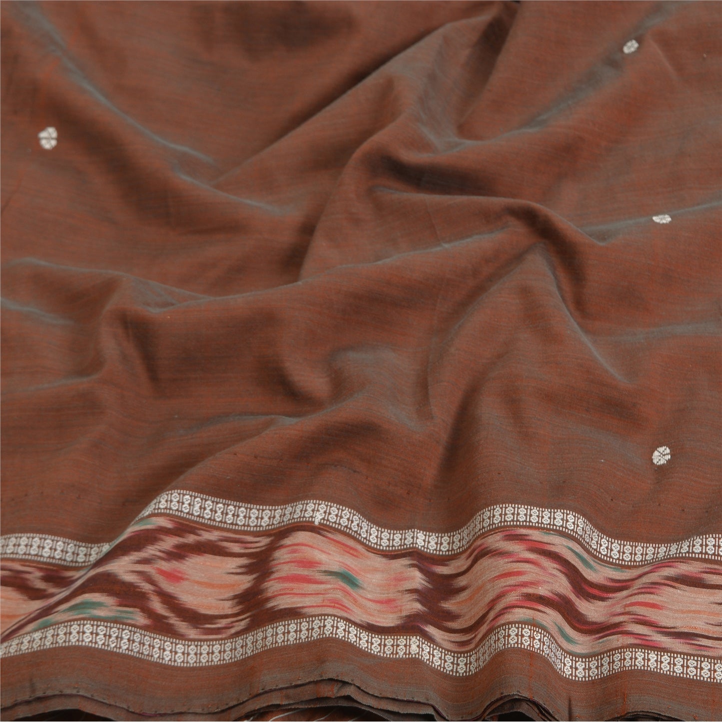 Sanskriti Vintage Saree Brown Odisha Hand Woven Ikat Blend Silk Sari 5yd Sustainable Fabric