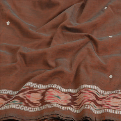 Sanskriti Vintage Saree Brown Odisha Hand Woven Ikat Blend Silk Sari 5yd Sustainable Fabric