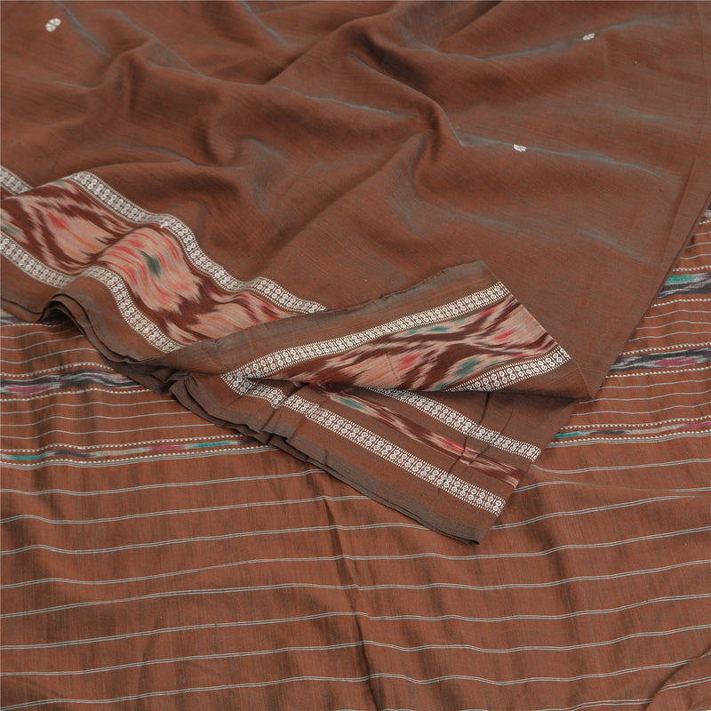 Sanskriti Vintage Saree Brown 100% Pure Cotton Odisha Hand Woven Ikat Saree Sari 5Yd Floral Craft Fabric Bollywood Dress Meterial