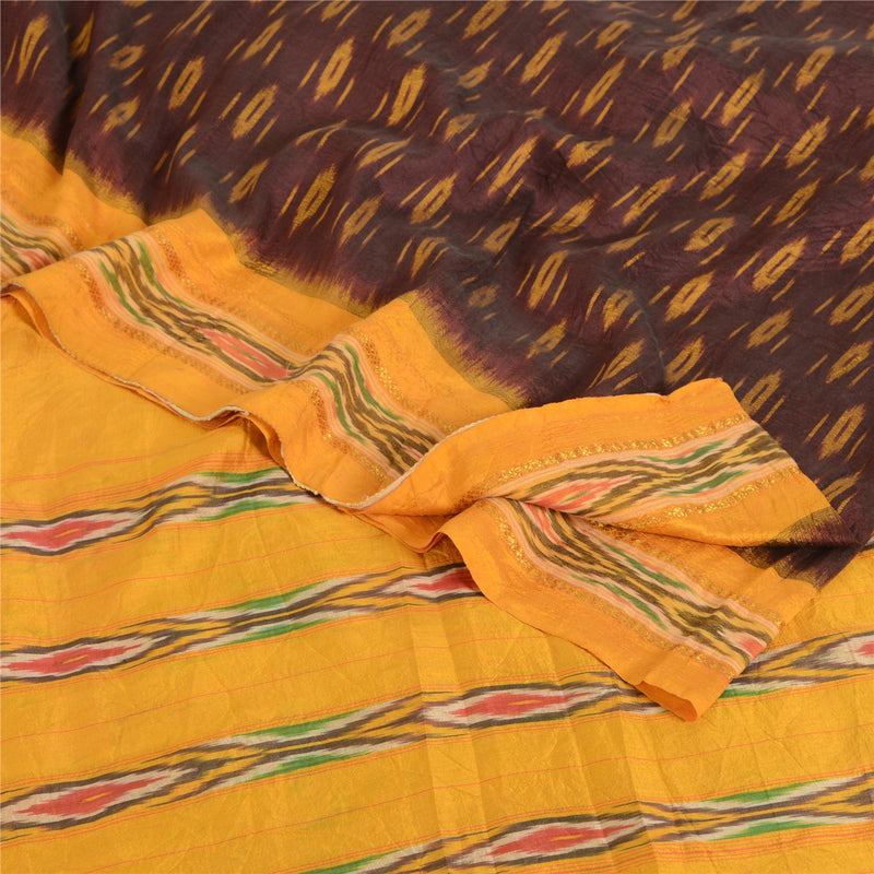 Sanskriti Vintage Saree 100% Pure Silk Brown & Yellow Pochampally Hand Woven Ikat Saree 5+Yd Craft Fabric Handloom Sustainable Sari