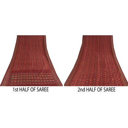 Sanskriti Vintage Saree Red Sambhalpuri Hand Woven Ikat Pure Silk Sari Fabric