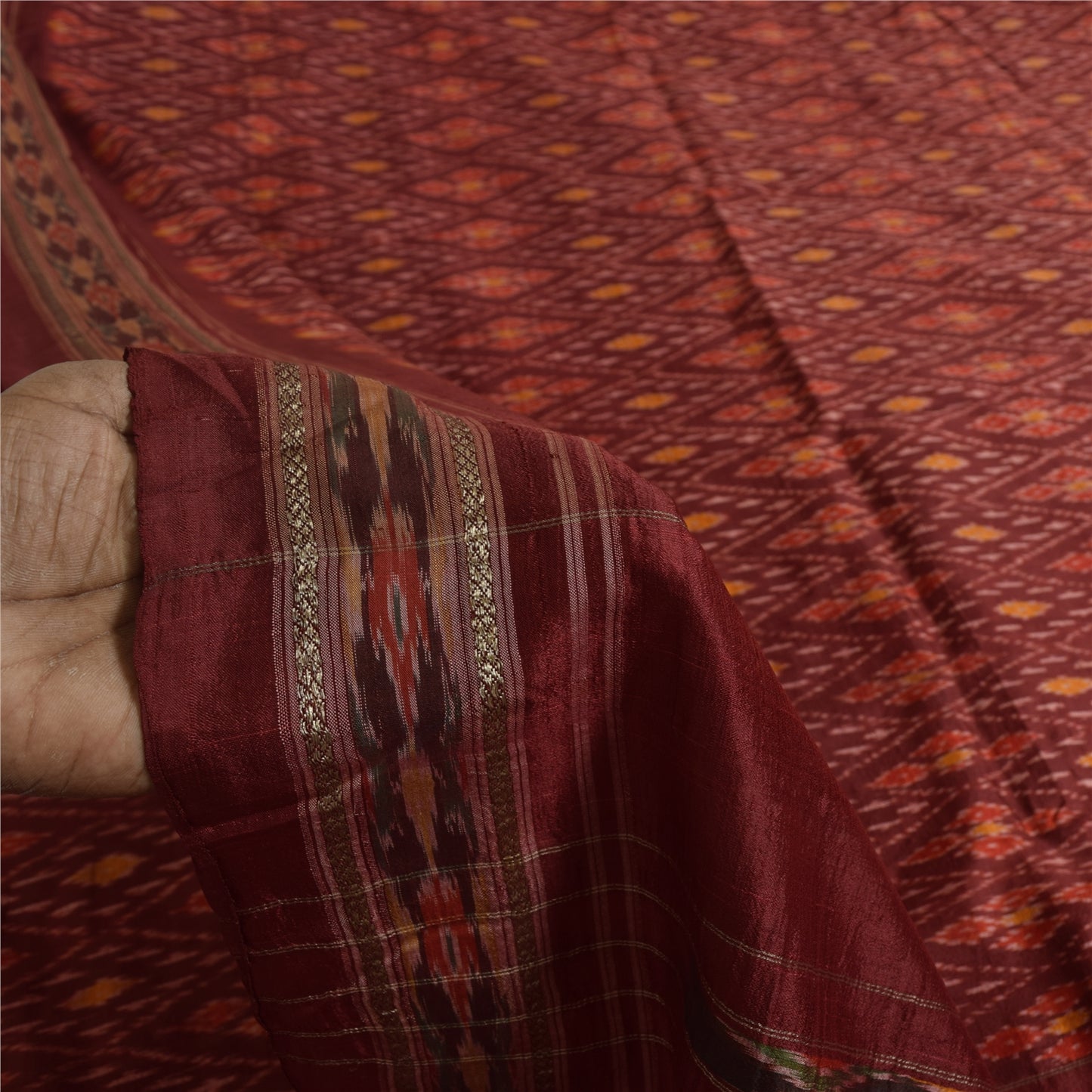 Sanskriti Vintage Saree Red Sambhalpuri Hand Woven Ikat Pure Silk Sari Fabric