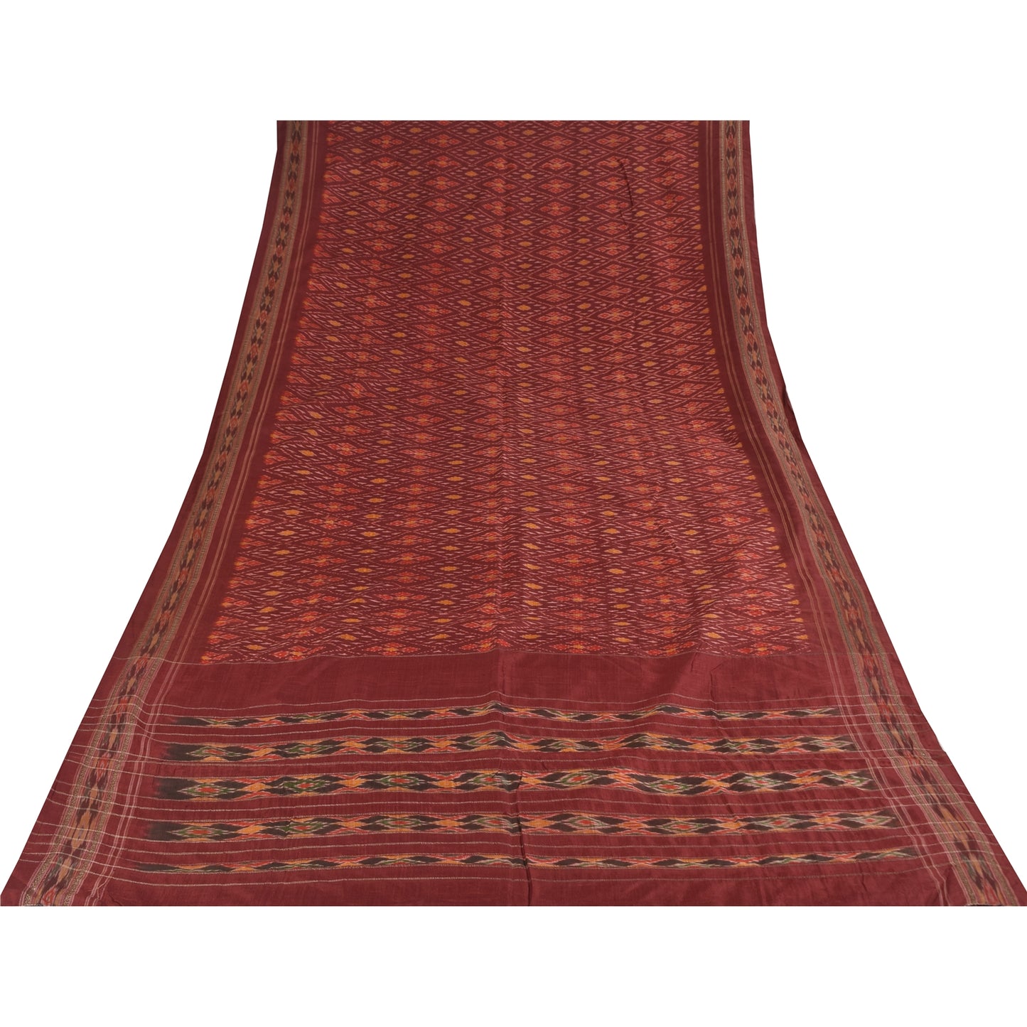 Sanskriti Vintage Saree Red Sambhalpuri Hand Woven Ikat Pure Silk Sari Fabric