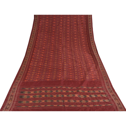 Sanskriti Vintage Saree Red Sambhalpuri Hand Woven Ikat Pure Silk Sari Fabric