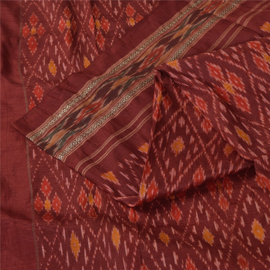 Sanskriti Vintage Saree Red Sambhalpuri Hand Woven Ikat Pure Silk Sari Fabric