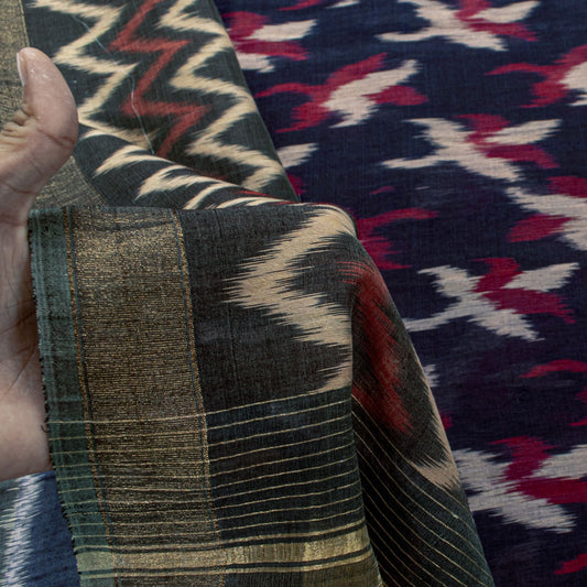 Sanskriti Vintage Blue 100%Pure Silk Saree Ikat Hand Woven Pochampally 5+Yd Sari