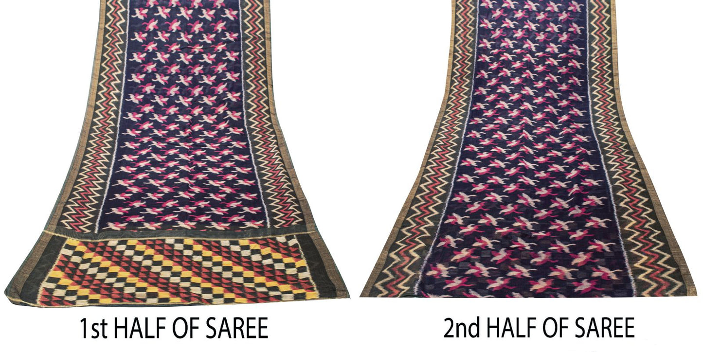 Sanskriti Vintage Blue 100%Pure Silk Saree Ikat Hand Woven Pochampally 5+Yd Sari