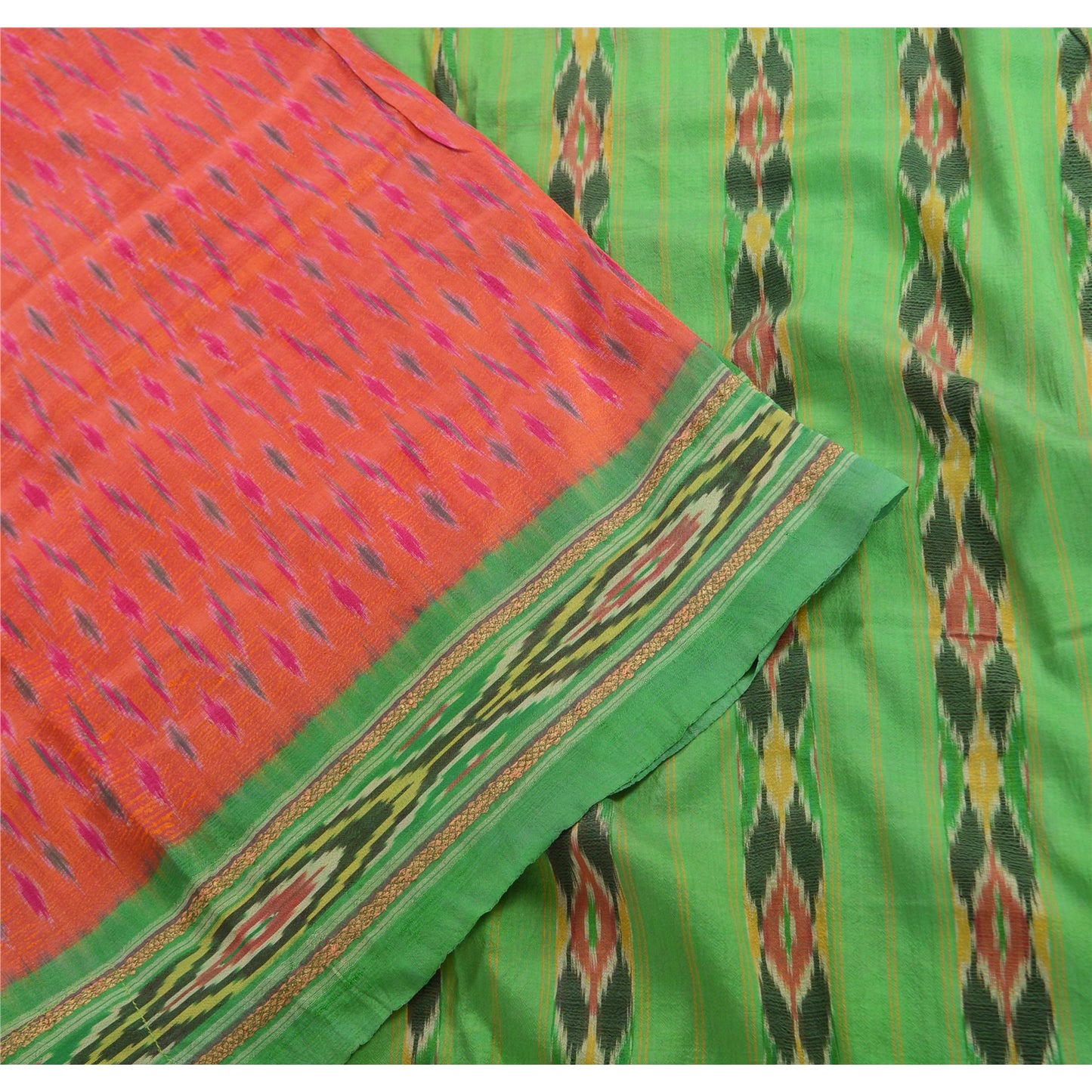 Sanskriti Vintage Saree Pochampally Hand Woven Ikat Pure Silk Sari 5yd Sustainable Fabric