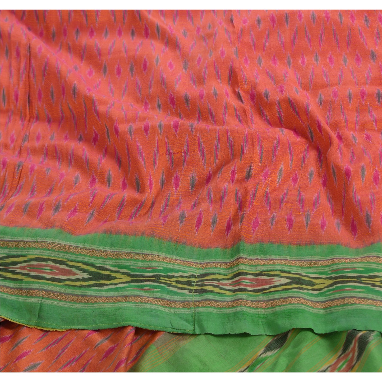 Sanskriti Vintage Saree Pochampally Hand Woven Ikat Pure Silk Sari 5yd Sustainable Fabric