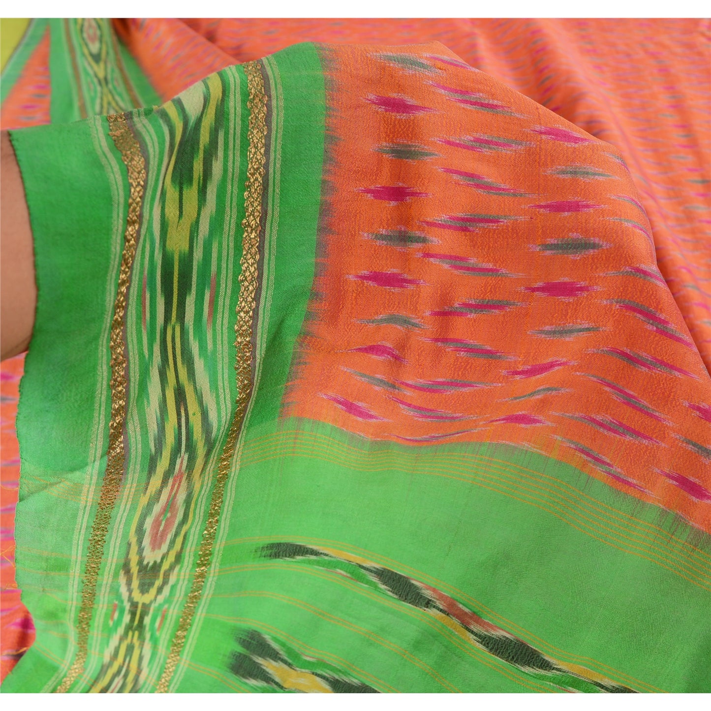 Sanskriti Vintage Saree Pochampally Hand Woven Ikat Pure Silk Sari 5yd Sustainable Fabric