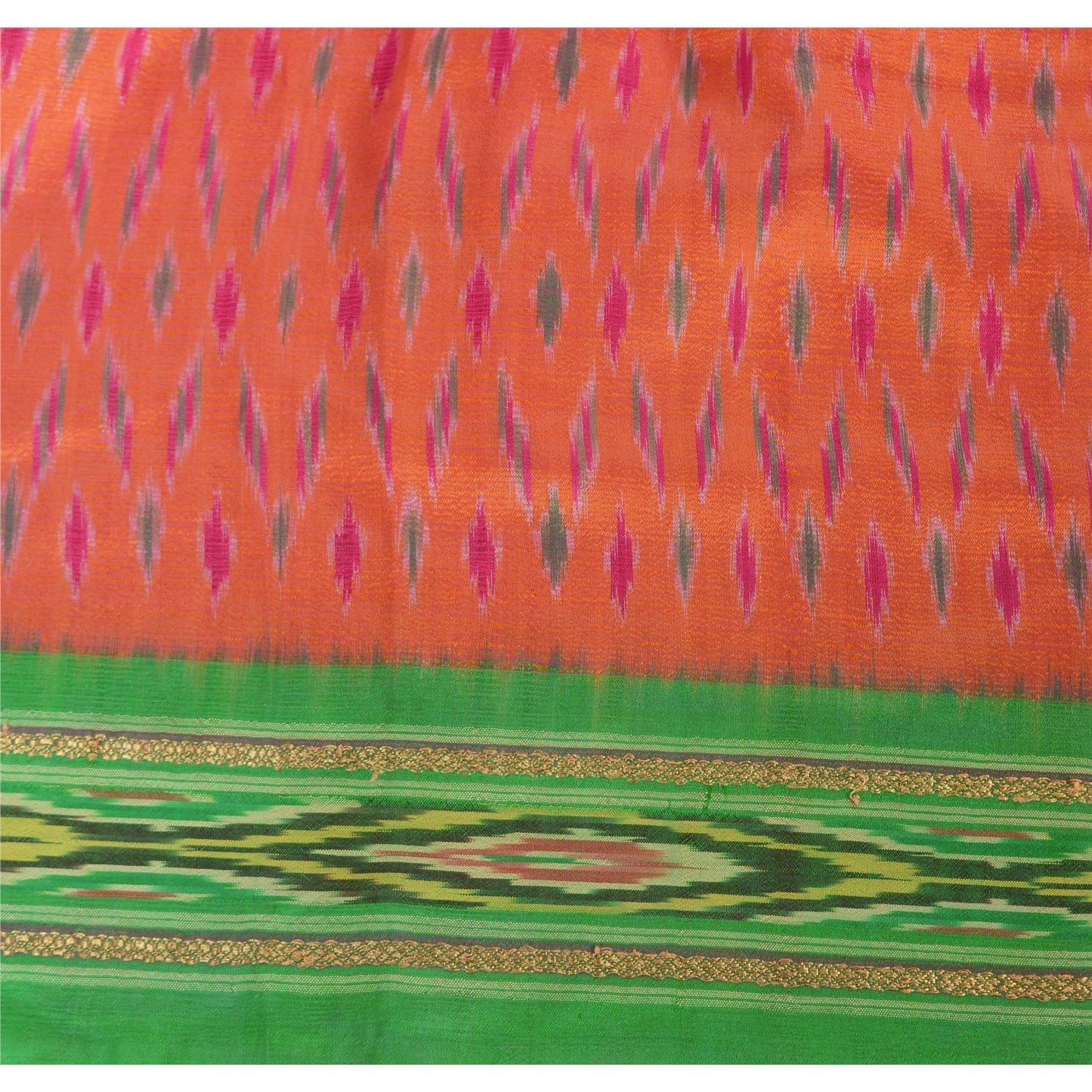 Sanskriti Vintage Saree Pochampally Hand Woven Ikat Pure Silk Sari 5yd Sustainable Fabric
