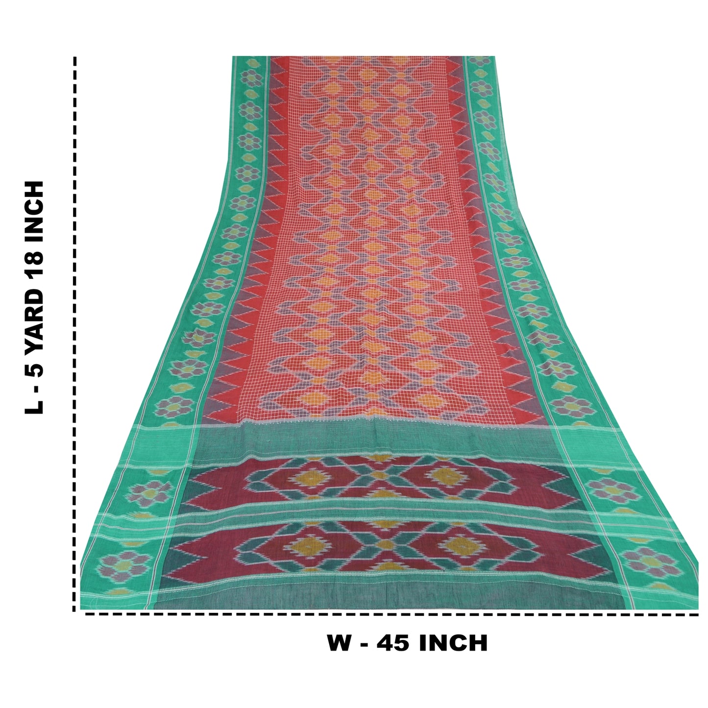 Sanskriti Vintage Saree Red Odisha Hand Woven Ikat Pure Cotton Sari 5yd Sustainable Fabric