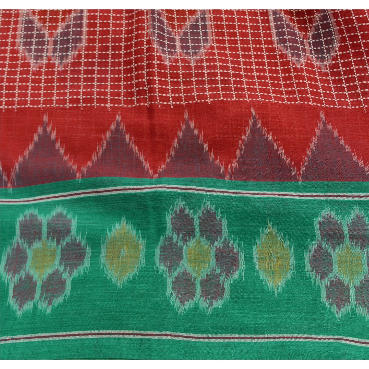 Sanskriti Vintage Saree Red Odisha Hand Woven Ikat Pure Cotton Sari 5yd Sustainable Fabric