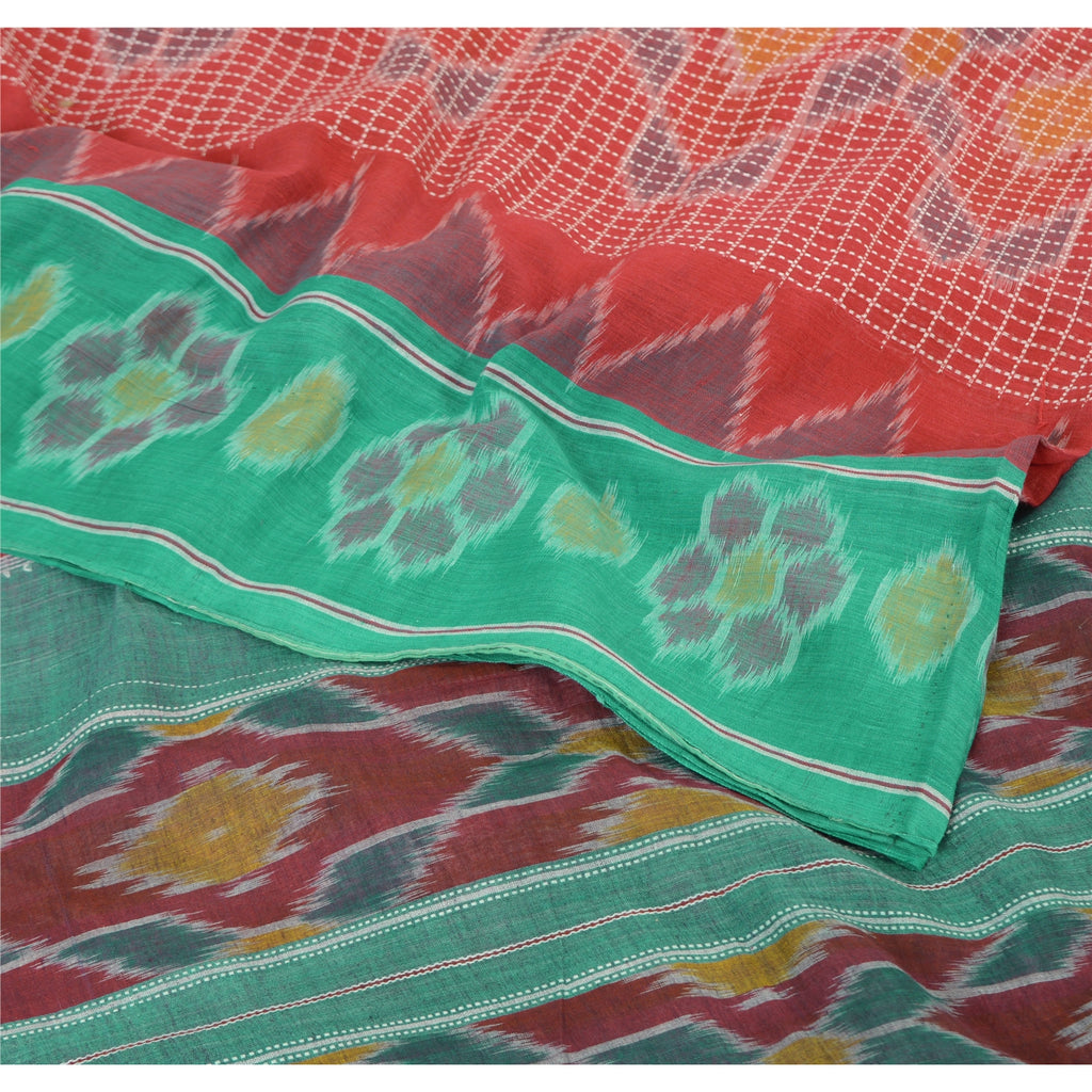 Sanskriti Vintage Saree Red & Green 100% Pure Cotton Odisha Hand Woven Ikat Saree 5Yd Craft Fabric Sari Home Decor, Sewing Supplies