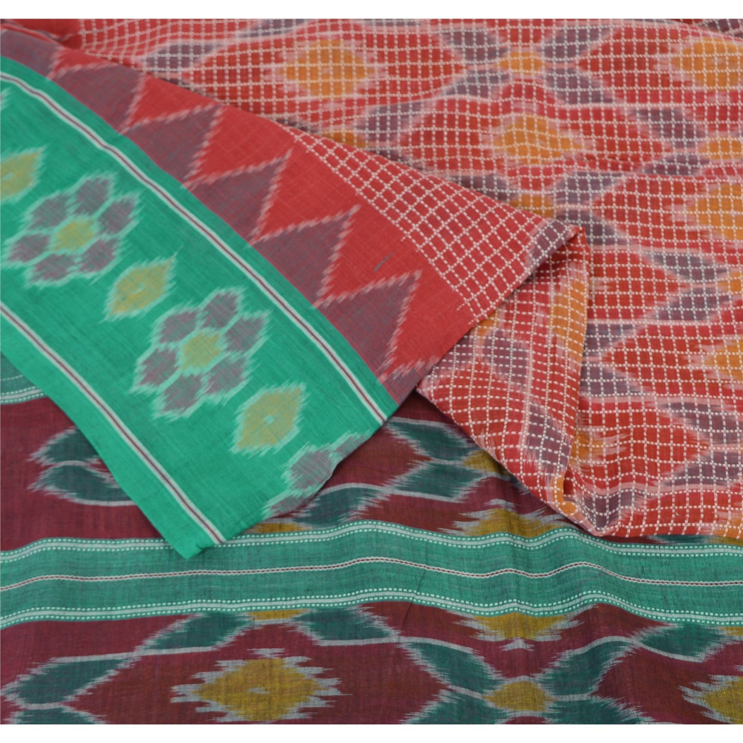 Sanskriti Vintage Saree Red Odisha Hand Woven Ikat Pure Cotton Sari 5yd Sustainable Fabric