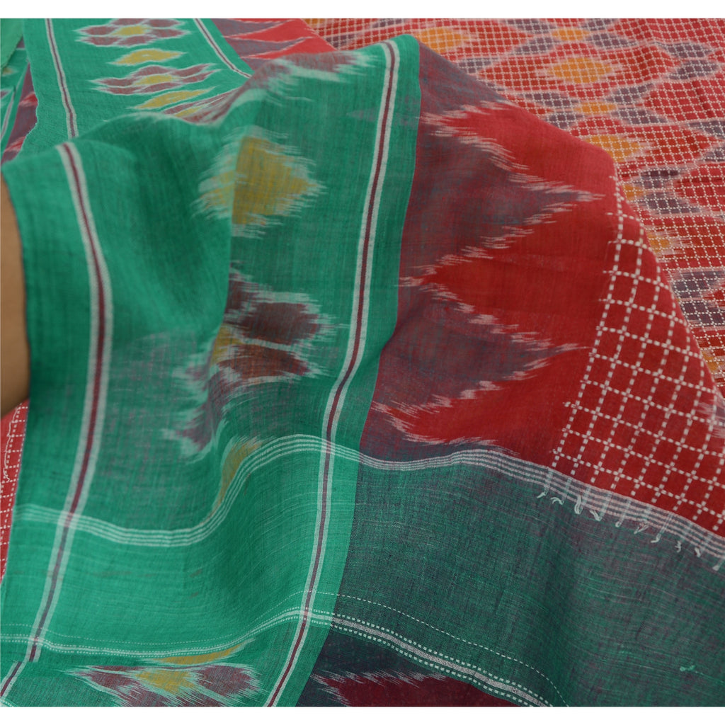 Sanskriti Vintage Saree Red & Green 100% Pure Cotton Odisha Hand Woven Ikat Saree 5Yd Craft Fabric Sari Home Decor, Sewing Supplies