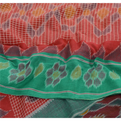 Sanskriti Vintage Saree Red Odisha Hand Woven Ikat Pure Cotton Sari 5yd Sustainable Fabric