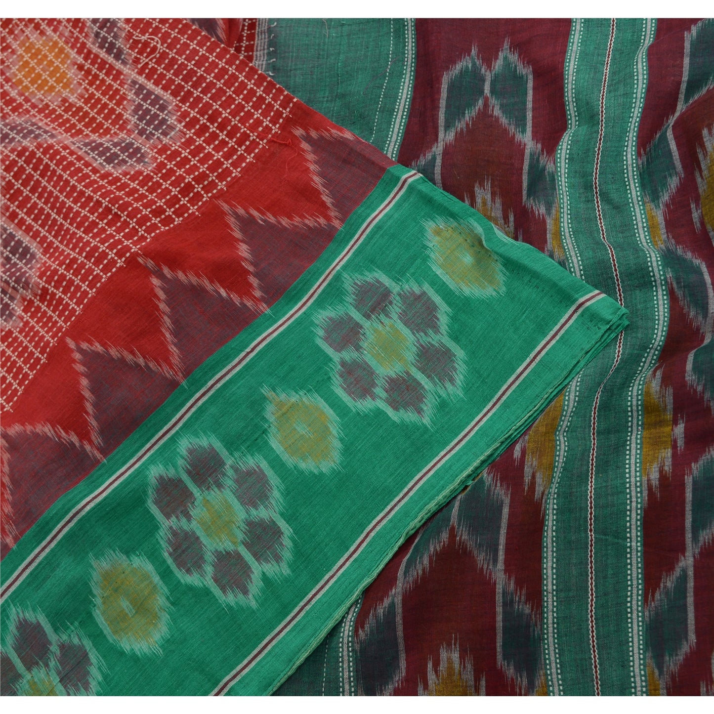 Sanskriti Vintage Saree Red Odisha Hand Woven Ikat Pure Cotton Sari 5yd Sustainable Fabric
