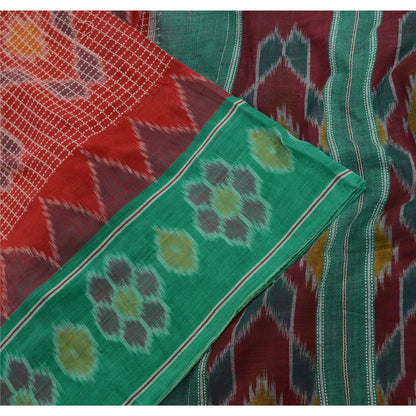 Sanskriti Vintage Saree Red Odisha Hand Woven Ikat Pure Cotton Sari 5yd Sustainable Fabric