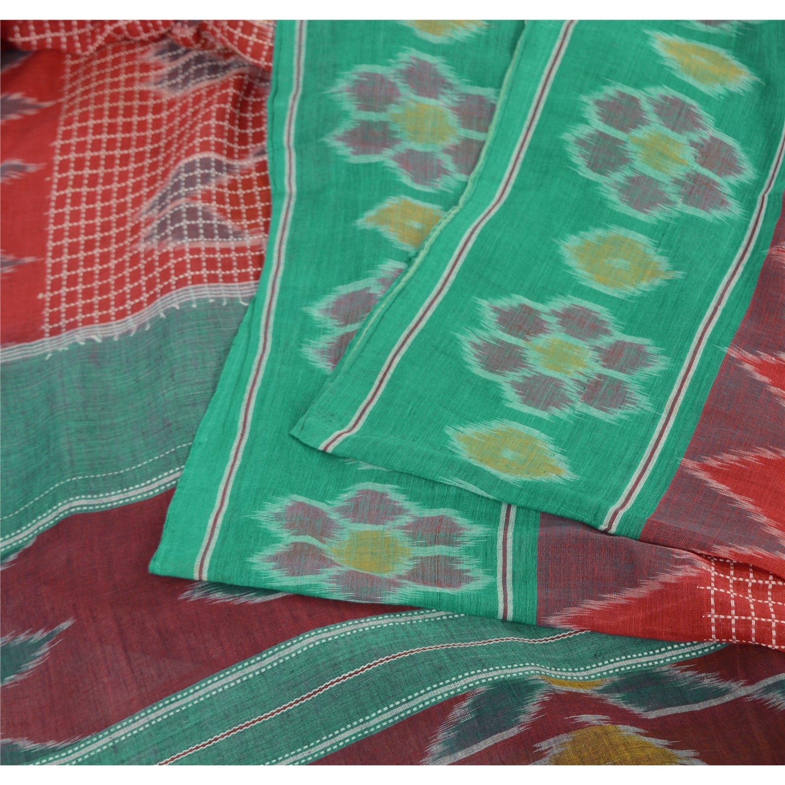 Sanskriti Vintage Saree Red & Green 100% Pure Cotton Odisha Hand Woven Ikat Saree 5Yd Craft Fabric Sari Home Decor, Sewing Supplies
