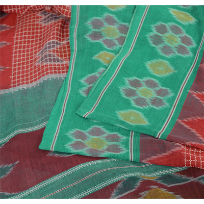 Sanskriti Vintage Saree Red Odisha Hand Woven Ikat Pure Cotton Sari 5yd Sustainable Fabric
