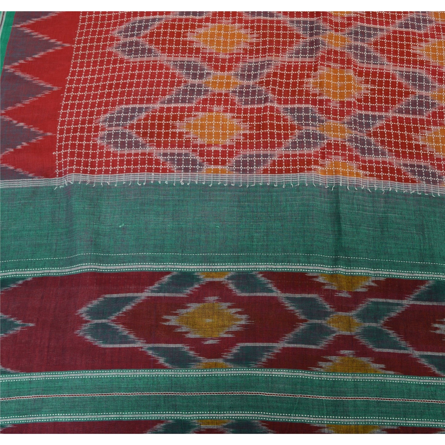 Sanskriti Vintage Saree Red Odisha Hand Woven Ikat Pure Cotton Sari 5yd Sustainable Fabric