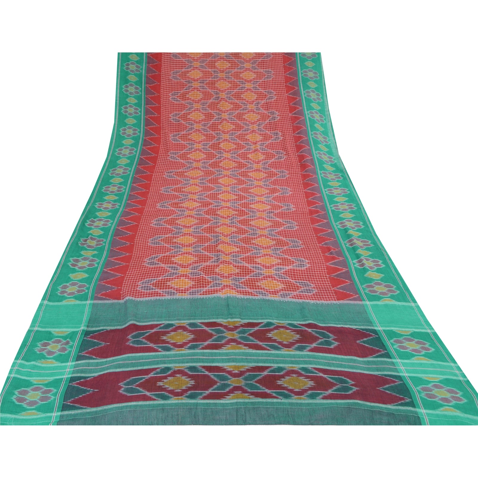 Sanskriti Vintage Saree Red & Green 100% Pure Cotton Odisha Hand Woven Ikat Saree 5Yd Craft Fabric Sari Home Decor, Sewing Supplies