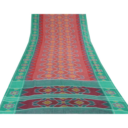 Sanskriti Vintage Saree Red Odisha Hand Woven Ikat Pure Cotton Sari 5yd Sustainable Fabric