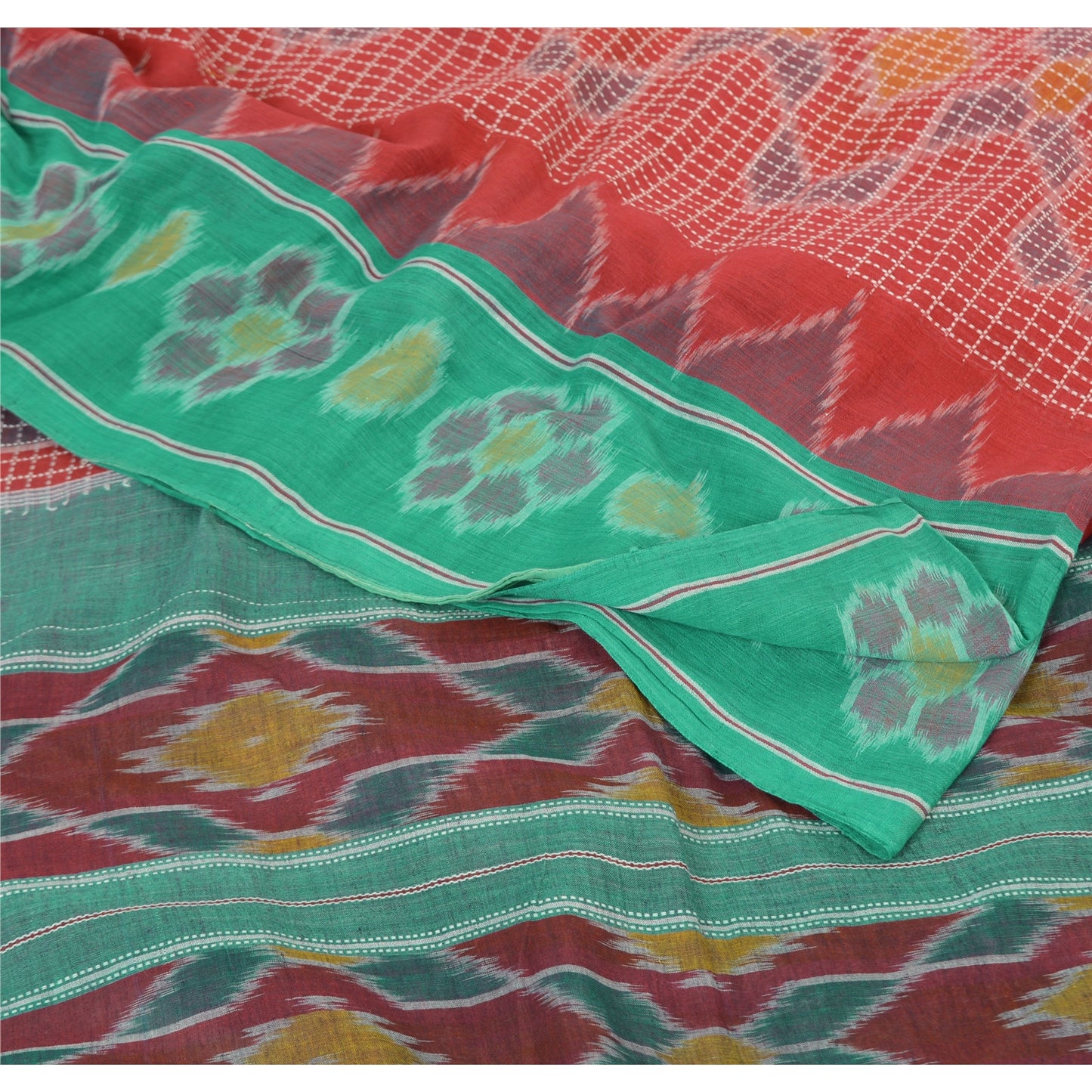 Sanskriti Vintage Saree Red Odisha Hand Woven Ikat Pure Cotton Sari 5yd Sustainable Fabric