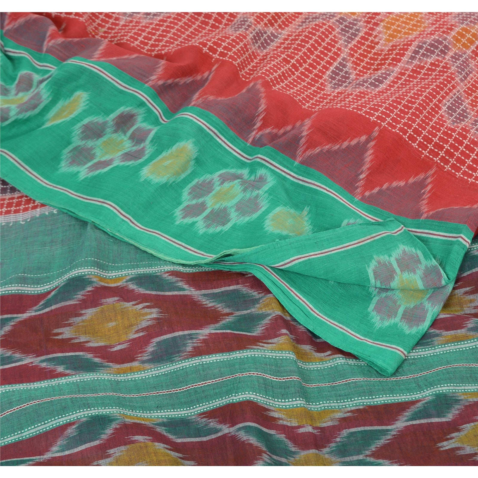 Sanskriti Vintage Saree Red & Green 100% Pure Cotton Odisha Hand Woven Ikat Saree 5Yd Craft Fabric Sari Home Decor, Sewing Supplies