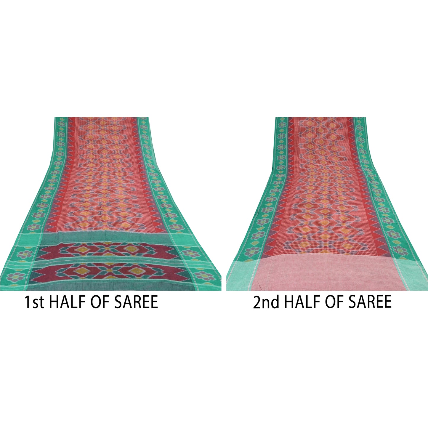 Sanskriti Vintage Saree Red Odisha Hand Woven Ikat Pure Cotton Sari 5yd Sustainable Fabric