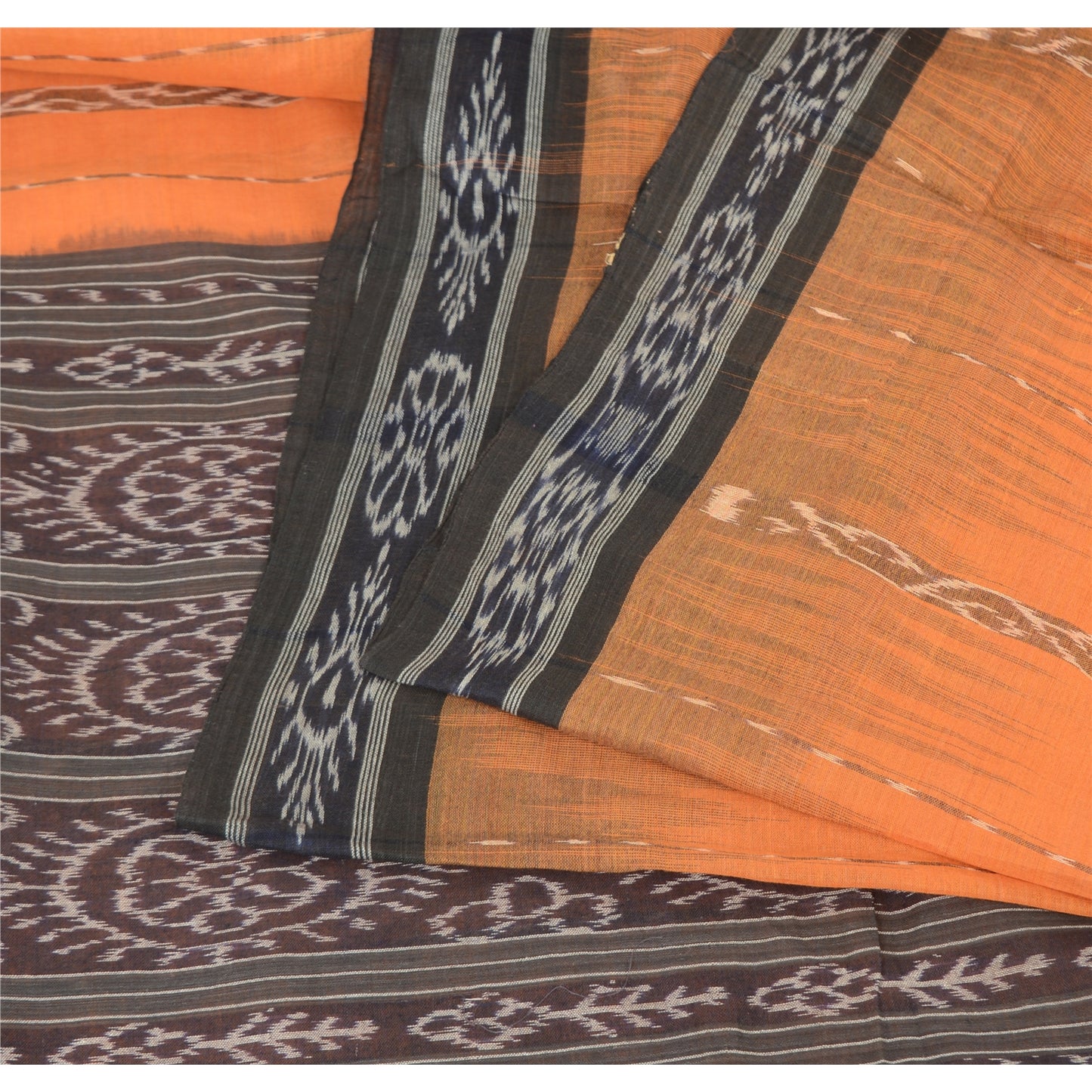 Sanskriti Vintage Saree Orange Odisha Hand Woven Ikat Pure Cotton Sari Sustainable Fabric